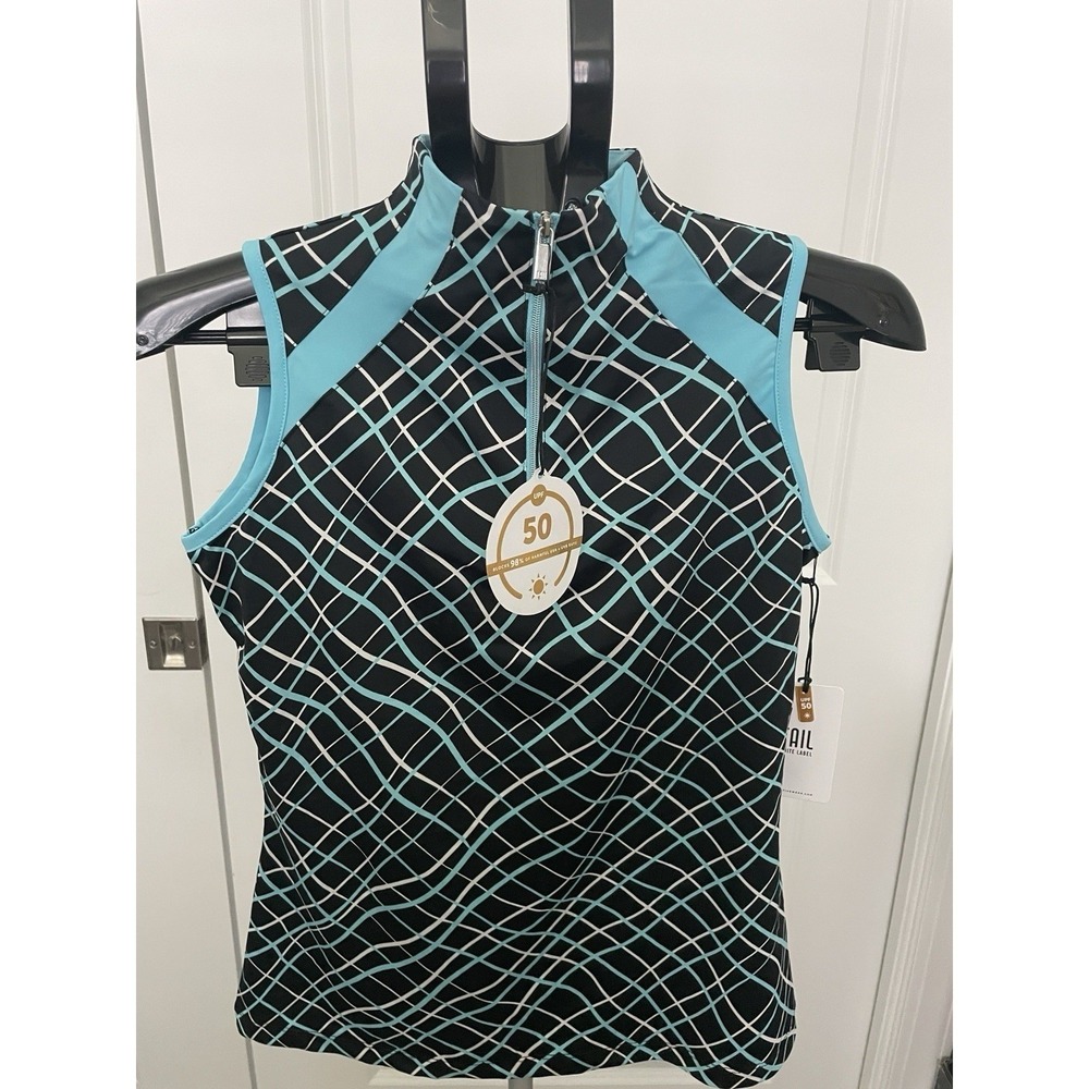 TAIL White Label Womens Golf Top Sleeveless Quarter Zip UPF 50 Black Turquoise S